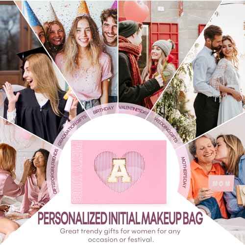 Initial Makeup Bags for Women, 2-Piece Set, Pink