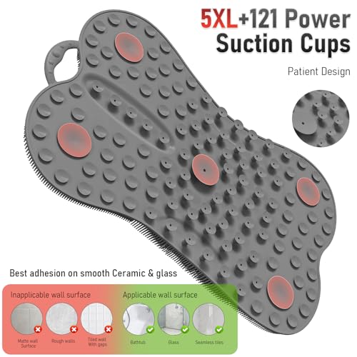 Back Scrubber Body Bath Cushion Tub Bathtub Back Lumbar Support Ergonomic Silicone XL Thick Soft Seat Pad Non-Slip Suction Cups Relaxing Spa Mat Exfloating Scrubbing Shower 28 x 19 Grey