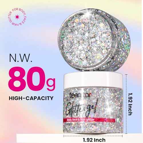Teenitor Body Glitter, Body Glitter Gel, Hair Glitter, Face Glitter, Holographic Chunky Makeup Silver Glitter Gel for Face, Makeup, Hair, Eye