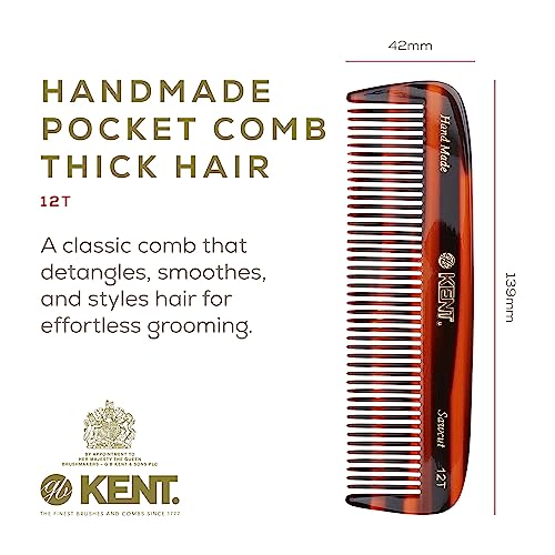 Kent 12T Tortoise Pocket Comb - Handmade Wide Tooth Hair Comb for Men, Women, and Kids - Travel, Beard, and Mustache Comb - Saw Cut and Hand Polished Made in England