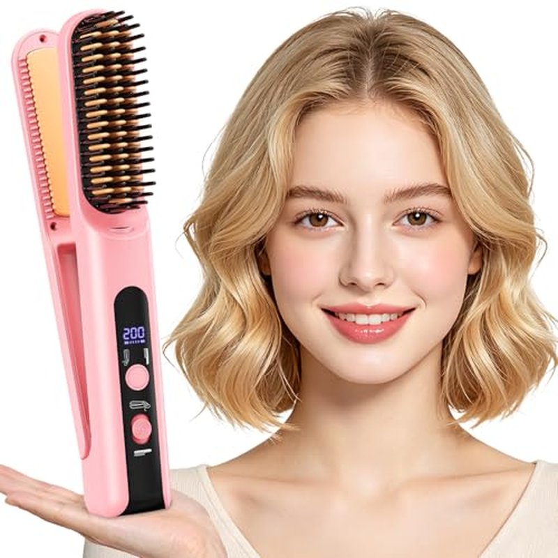 Portable 2-in-1 Cordless Hair Straightener Brush for Travel