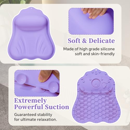 Luxury Silicone Bath Pillow for Tub, New Cloud-Soft 4D Air-Cushion Bathtub Pillow for Head and Neck & Back Support, Strong Suction Cups, Waterproof Quick-Dry Bathtub Headrest (Purple)