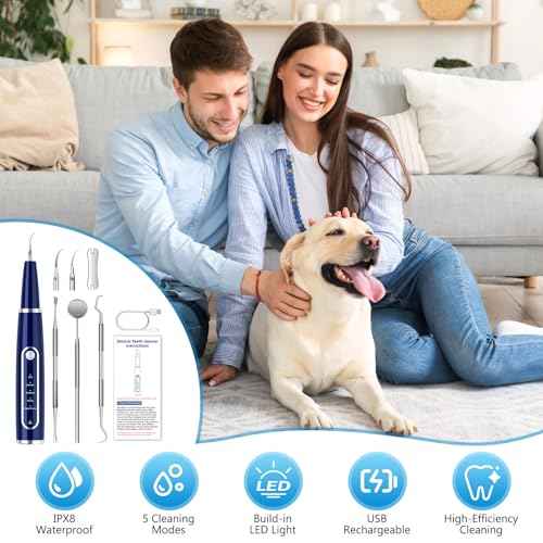 Plaque Remover for Teeth, Teeth Cleaning Kit with LED Light and 5 Adjustable Modes Teeth Cleaner, Blue