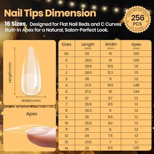 Beetles Tipex Lite Apex Nail Tips, Stiletto Medium, 256pcs 16 Sizes,Pre-Building Pre-Etched Acrylic Nail Tips for Flat Nails & Natural Nail Beds