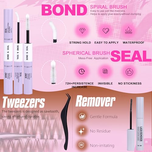 Geeneiya BROWN FLORA Lash Clusters Kit DIY Lash Extension, 8-18MM Wispy Lashes Clusters, Invisible Soft Band Eyelash Extension Kit with Waterproof Lash Bond and Seal, Lash Remover, Tweezers