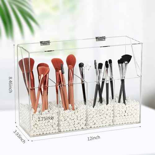 Acrylic Makeup Organizer, Clear Cosmetic Brush Storage Box With 4 Brush Holders (Pearl not included),Makeup Brush Holder with Dust Cover, Large-capacity Split Design Organize the Desktop