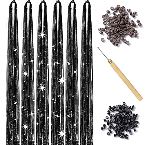 YOOONXI Black Hair Tinsel Kit - 1200 Strands, Heat Resistant Extensions