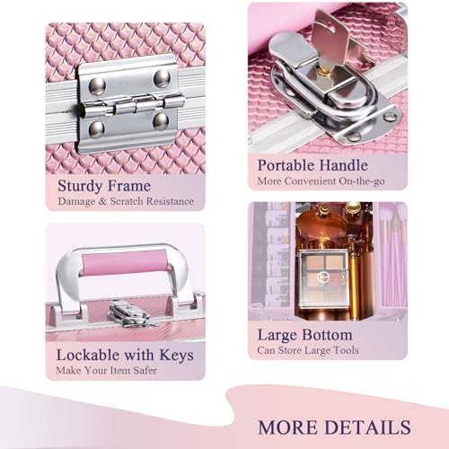 Frenessa Makeup Case Makeup Box Cosmetic Organizer Case Portable Make Up Artist Travel Case Storage Box 4 Trays with Dividers Lockable Hard Train Case Nail Tech Supply Storage Mermaid Pink
