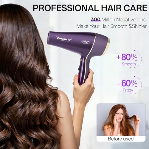 VAGARY Purple 2200W Hair Dryer with Diffuser & Concentrator, 2 Speeds 3 Heat, Cool Shot