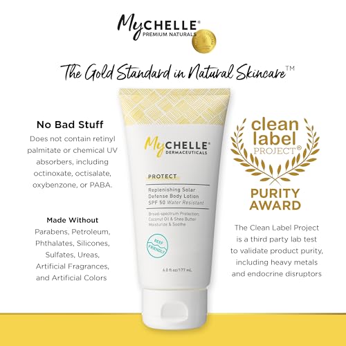 MyCHELLE Dermaceuticals Replenishing Solar Defense Body Lotion SPF 50 (6 Fl Oz) - Moisturizing Reef Safe Sunscreen with Coconut Oil and Shea Butter - Water Resistant for 80 Minutes
