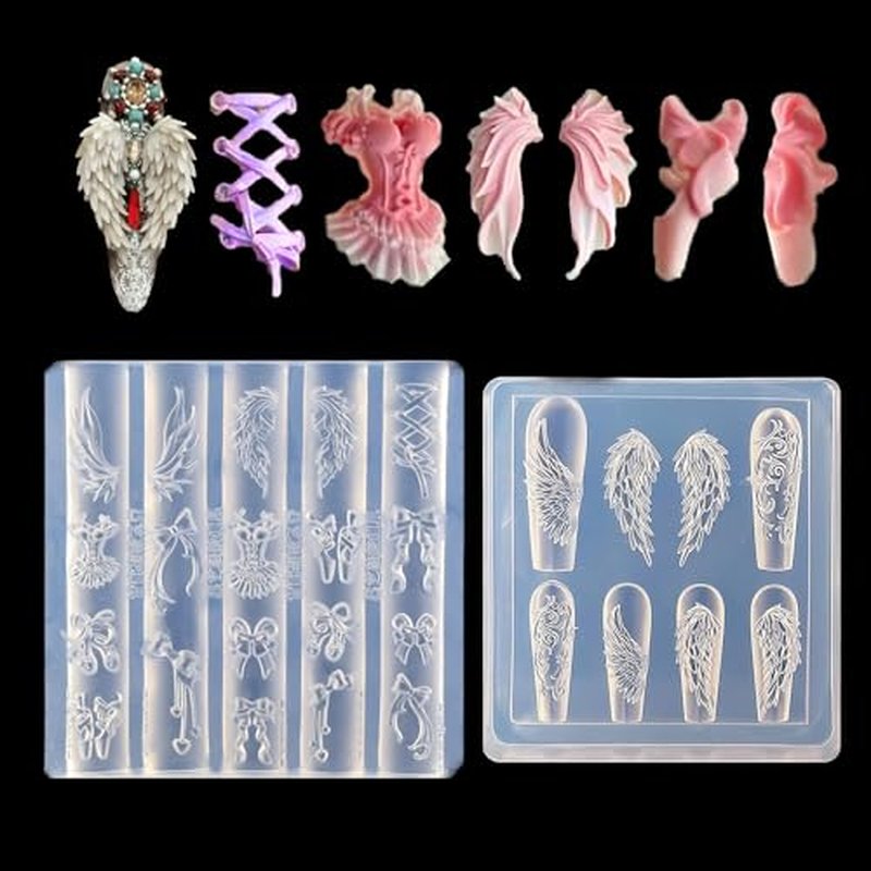 3D Angel Wings Nail Art Mold with Bows & Ballet Shoes - Silicone
