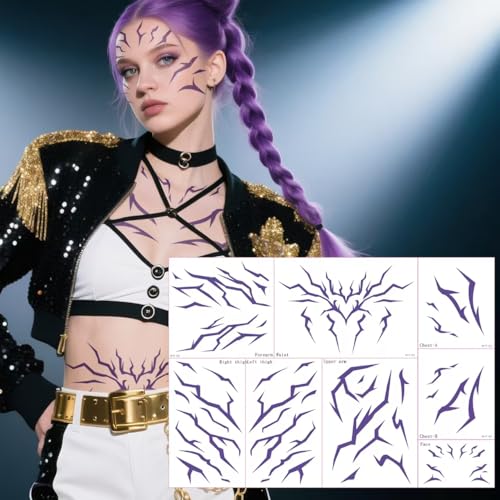 Anime Hunter Halloween Cosplay Costume Temporary Tattoos Purple and Laser Multicolor Stripes Tattoos (Purple 8 Pcs Set)