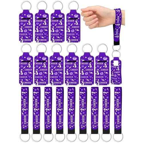 24 Pcs Cheerleader Gifts Bulk Cheer Lipstick Holder Keychain Lanyard Set Cheerleader Party Favor Cheer Theme Portable Lipstick Holder and Lanyard for Team Sports Supplies(Purple)