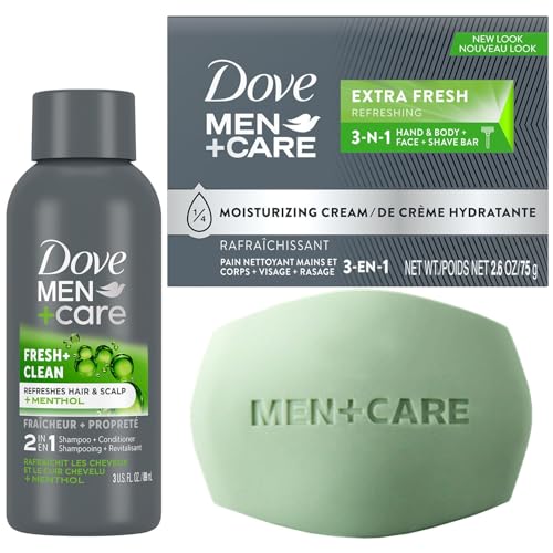 Dove Men+Care Bar Soap and Travel Shampoo Set ??Extra Fresh 3-in-1 Cleansing Bar & Fresh + Clean 2-in-1 Shampoo and Conditioner (2 Piece Set)