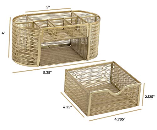 Gold Desk Organizer Set with Drawer - Metal Mesh Storage for Office