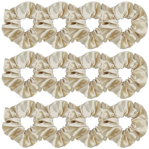 12 Pcs Satin Silk Scrunchies, Soft Hair Ties, Fashion Hair Bands, Bow Ropes, Elastic Ponytail Holders, Hair Accessories for Women and Girls (4.3 Inch, Light Gold)