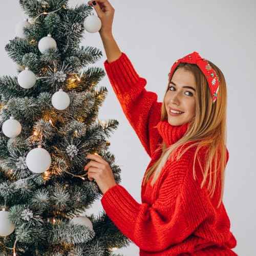 CAVETEE Christmas Headband for Women, Red Knotted Headband with Rhinestone Tree Snowflake Pearl Christmas Decorations for Women