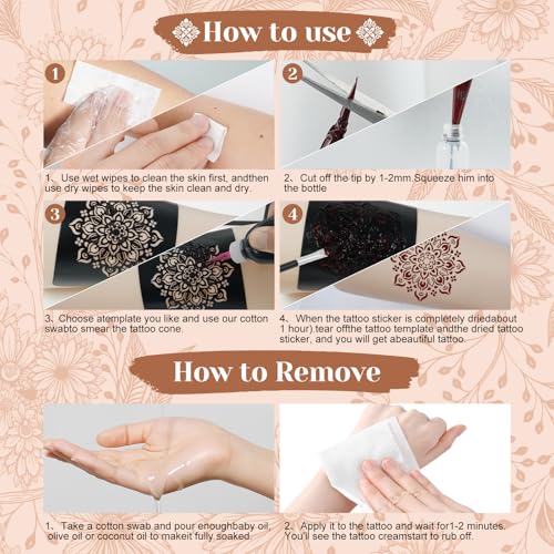 7PCS Tattoo Cones Temporary Tattoo Kit,4Color(2*Brown,2*Maroon,2*Cherry Red &1*Black) Ink with Large Designs Stencils,Separate Bottle with 4 Bottle Mouths,DIY Body Art Painting for Women Men Kids