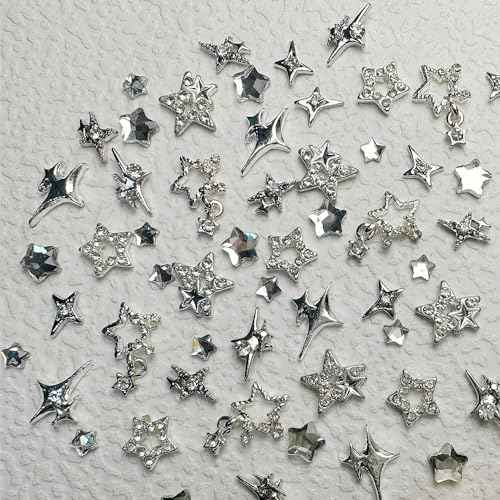 55pcs Y2K Star Nail Charms - 3D Nail Art Charms, Silver Star Rhinestones for Women & Girls (9 Styles)