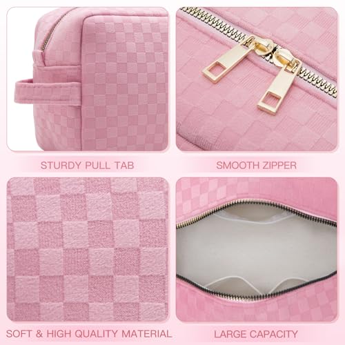 2 Pieces Large Checkered Makeup Bag Cosmetic Bag for Women Travel Toiletry Make Up Brush Bag Pack Organizer Travel Accessories for Women (Pink)