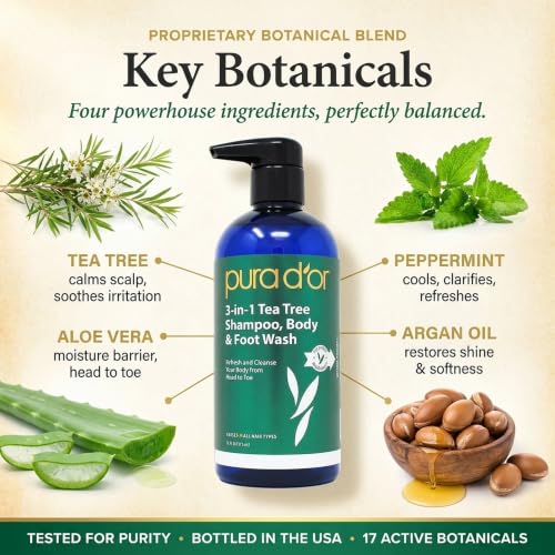 PURA D'OR Tea Tree 3-in-1 Wash - Hair, Body & Foot Care, 16 oz