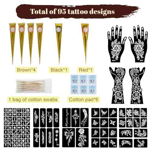 95 PCS Temporary Tattoos Stencils Kit,Temporary Tattoos Kit - 6 Pcs 3 Color(black*1,brown*4 & Red*1) Ink with 6 removal wipes,10 disposable cotton swabs DIY Body Art Painting for Women Men Adults Kids