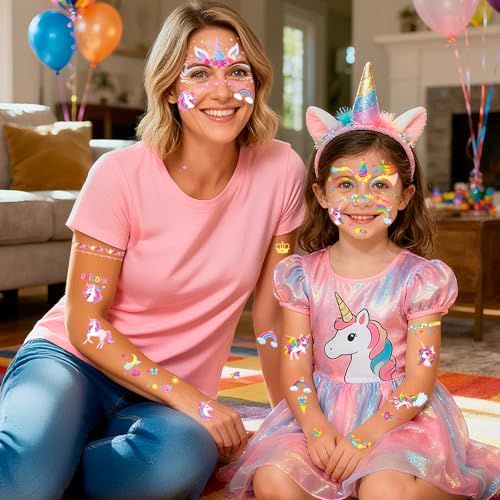 HOWAF Unicorn Face Tattoos - 4 Sheet Set, Waterproof Halloween
