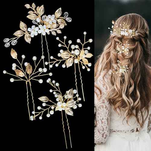 4 PCS Bridal Hair Pins Gold Leaf Crystal Floral Pearl Headpiece Vintage Flower Wedding Hair Accessories for Brides Bridesmaids Women Girls