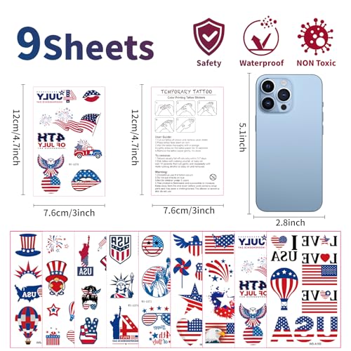100 Pc Patriotic Temporary Tattoos - 9 Sheets 4th of July USA Flag