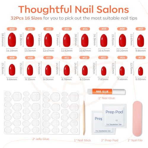 Red Oval Press On Nails Kit - 32Pc with Glue & Tools