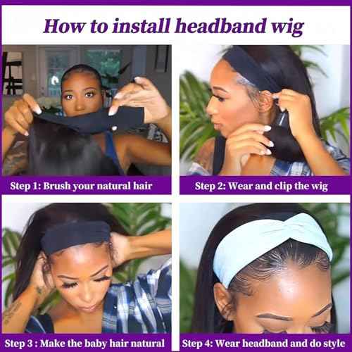 Human Hair Headband Wig Body Wave Real Hair Head Band Wigs for Black Women 100% Brazilian Human Hair Wear and Go Glueless Wigs 150% Density Machine Made Half Straight Wig Natural Color