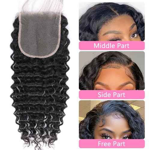 5x5 HD Lace Closure Deep Wave Ultra-thin Transparent HD Lace Closure 12A Brazilian Virgin Human Hair Closure Free Part Pre Plucked with Baby Hair Natural Black 18 Inch