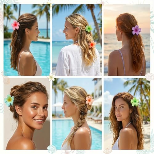 Hawaiian Flower Hair Claw Clips - 6 Pack Medium Clips