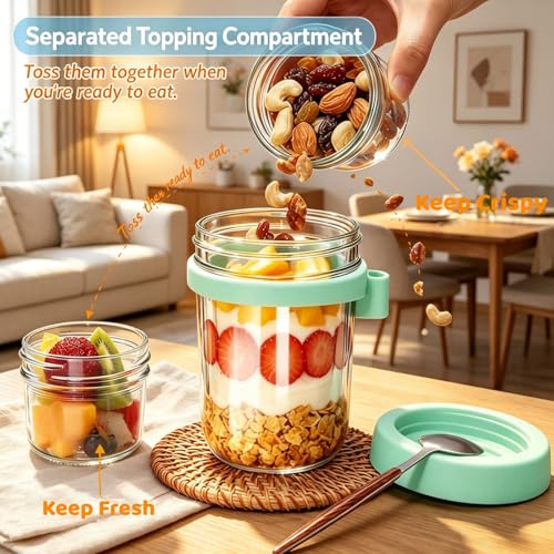 4 Pack Glass Overnight Oats Containers 20oz with Lids & Spoons