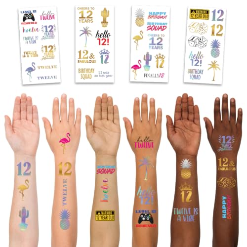 12th Birthday Temporary Tattoos - 4 Sheets Waterproof