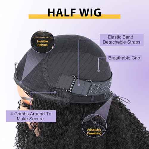 V SHOW Afro Curly 3 In 1 Half Wig Human Hair Elastic Drawstring Wear Go Glueless Kinky Curly Human Hair Half Wigs Friendly To Beginners 180% Density Natural Hairline Flip Over Wig 24Inch