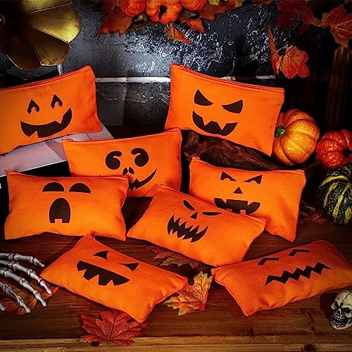 Sweetude 30 Pcs Halloween Makeup Bags Bulk Orange Halloween Cosmetic Bags Pumpkin Gift Bag Pouch Travel Purse Toiletry Organizer with Zipper for Women Team Party Favors (15 Styles)