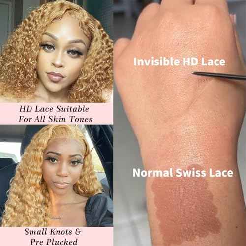 QNQZ Honey Blonde Curly Wig Human Hair 14 inch 9x6 HD Glueless Lace Front Honey Blonde Deep Wave Curly Wear and Go Glueless Wigs Human Hair Pre Plucked Pre Cut 200% Density #27 Colored for Women