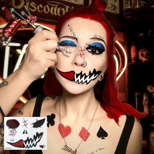 9 Sheets Halloween Scary Face Tattoos Stickers Fake Scars Stitches Bloody Mouth Prank Zombie Clown Makeup Temporary Tattoo Decals for Women Men Halloween Cosplay Party