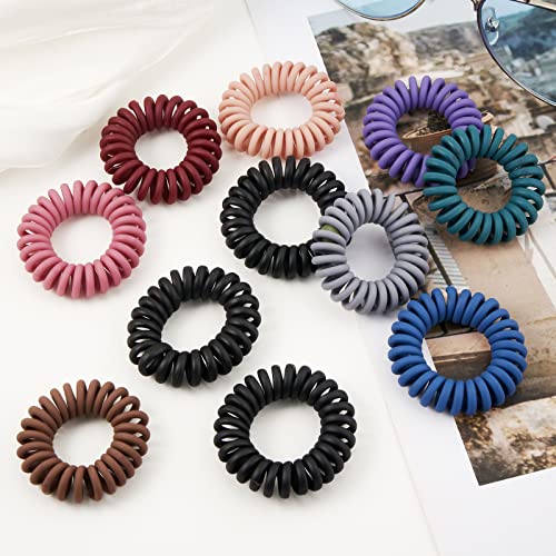 Matte Coil Ponytail Holders (Black, 10 Pcs) - No Crease Plastic Spiral Hair Ties for Thick and All Hair Types