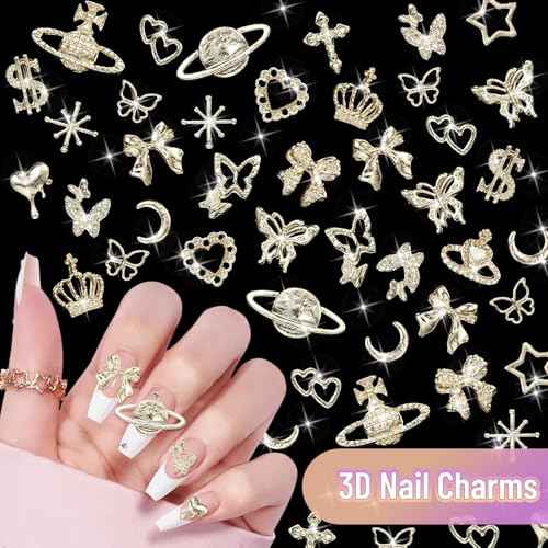 180 Pcs Gold Nail Charms and Gems, Bow Star Butterfly Cross Alloy Nail Jewelry, 18 Styles Metal Planet Heart Y2K Gold Nail Charms for Nails Art Design