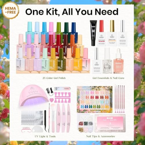 Beetles 64Pcs Gel Nail Kit with UV Light & Tips - 25 Color HEMA-Free, Multicolor S