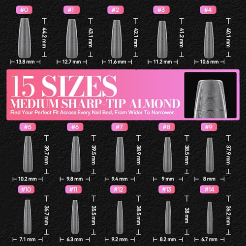 Makartt Extra Long Coffin Nail Tips with Built-In Guides - 240PCS, Dual Matte Finish, 15 Sizes, Easy Reshape for Almond, Square, Oval, Stiletto Styles, DIY & Salon
