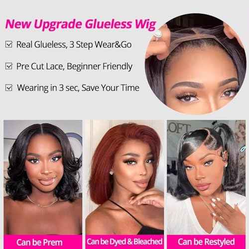 Glueless Wigs Human Hair Pre Plucked Pre Cut Straight Bob Wigs for Black Women 5x5 HD Lace Closure Wigs Human Hair with Elastic Band for Beginners Ready to Go Glueless Bob Wig 16 Inch