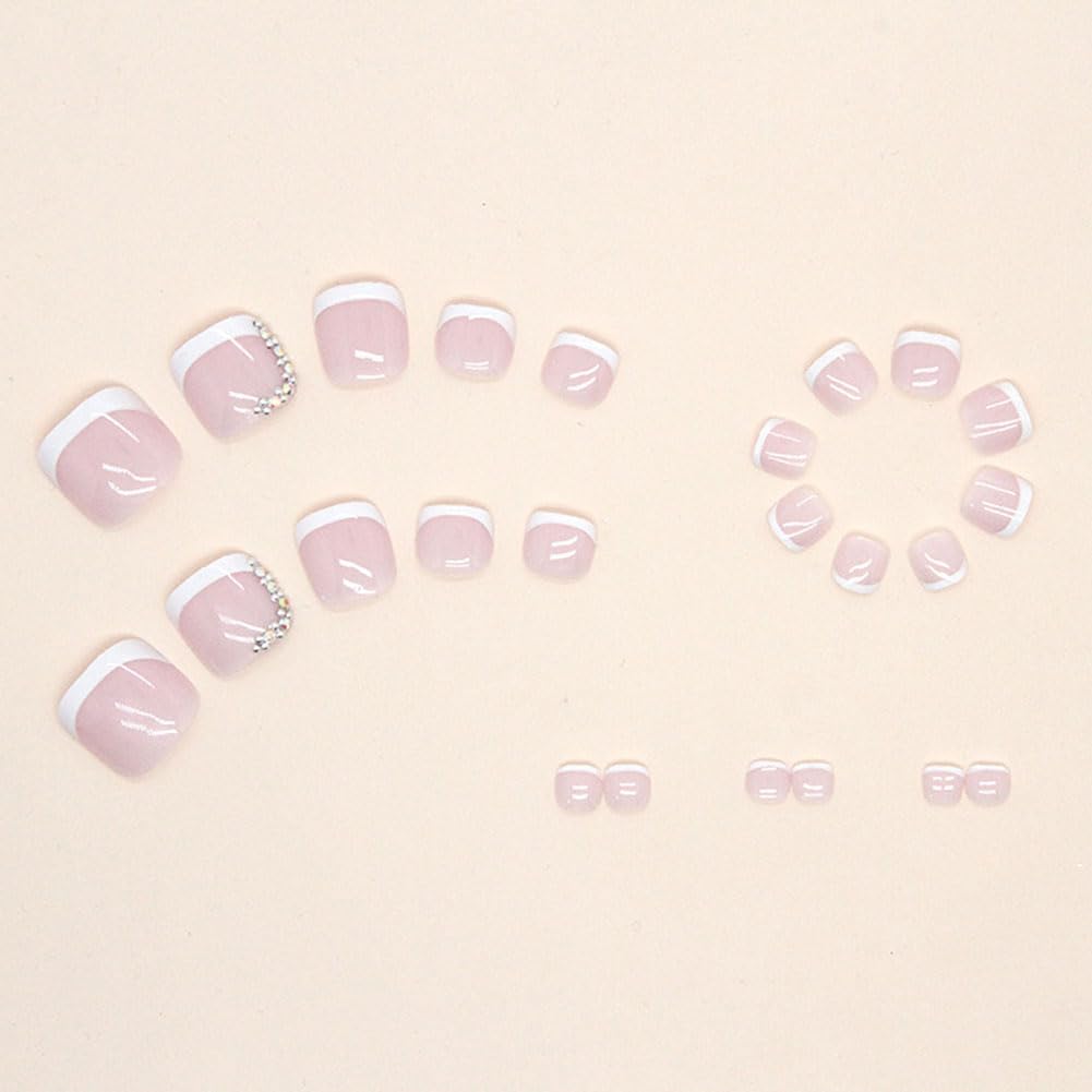 WAFOLOZE Press on Toenails Fake Toe Nails,Short Toe Nail Press ons,Glossy Toe Nails Press on Designs,Artificial Toenail Press on nails White French Tip Toe Nails for Women 24Pcs (F)