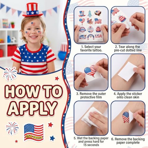 96 Patriotic Temporary Tattoos for Kids | Pre-Cut USA