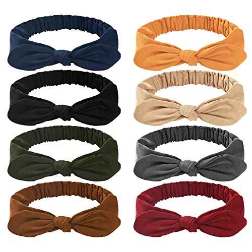 Bow Headbands for Women Solid Color Stretchy Knotted Turban Headbands Rabbit Ears Workout Running Sport Sweat Elastic Hair Wrap for Girls,Pack of 8