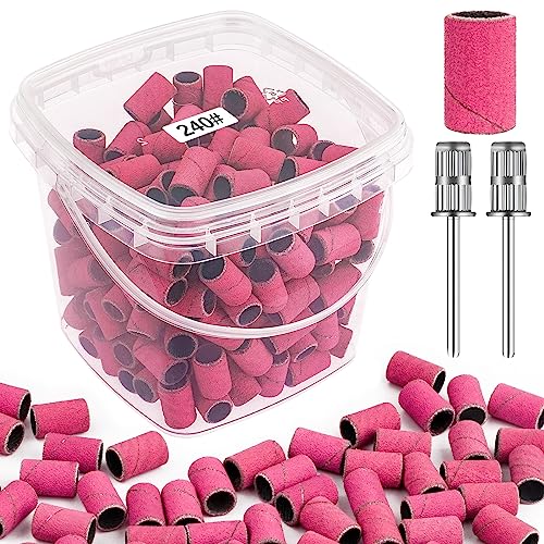 Rolybag 240 Grit Pink Nail Sanding Bands for Drill - 200Pcs with 2 Drill Bits - Manicure & Pedicure