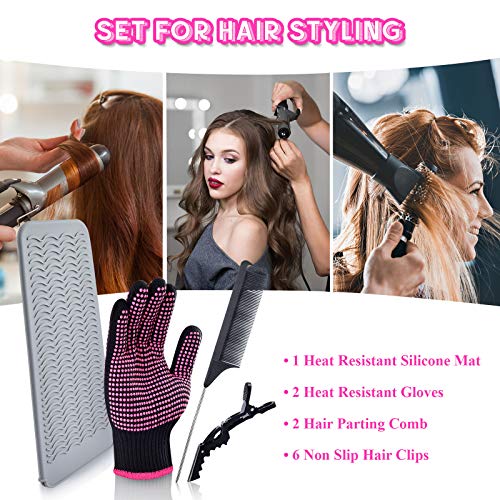 MORGLES Heat Gloves for Hair Styling, 2Pcs Professional Heat Resistant Gloves Silicone Heat Mat 6pcs Hair Clips and 2pcs Styling Comb for Curling Iron Wands Flat Iron