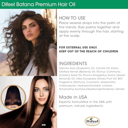 Difeel Batana Premium Hair Oil 2.5 oz. - Batana oil for Hair growth, Restores Moisture & Strengthens Hair